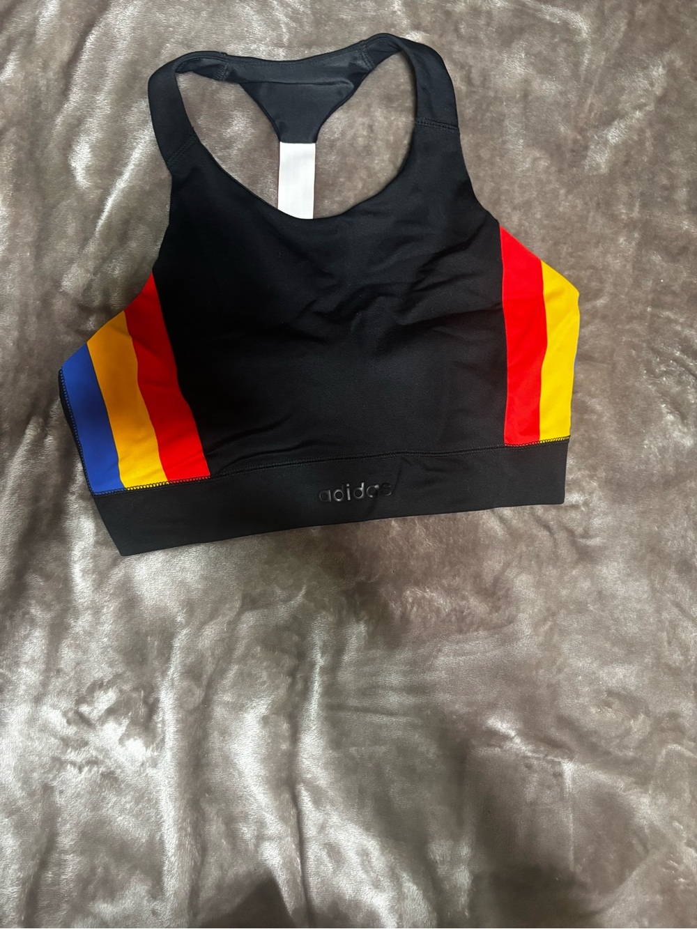 adidas x Farm Rio black sports bra with multi-color stripe